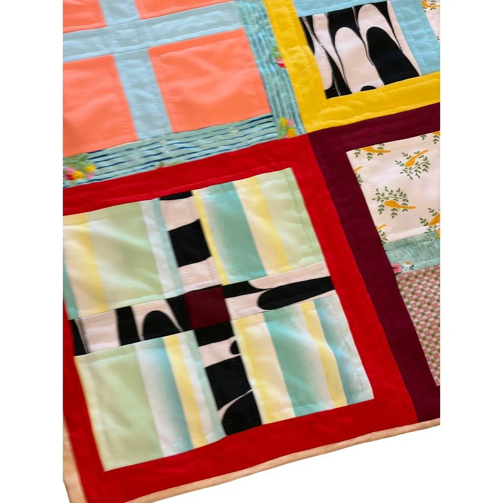 Handmade Patchwork Quilt Multi Color Block Floral Geometric Folk Art APROX 88x72